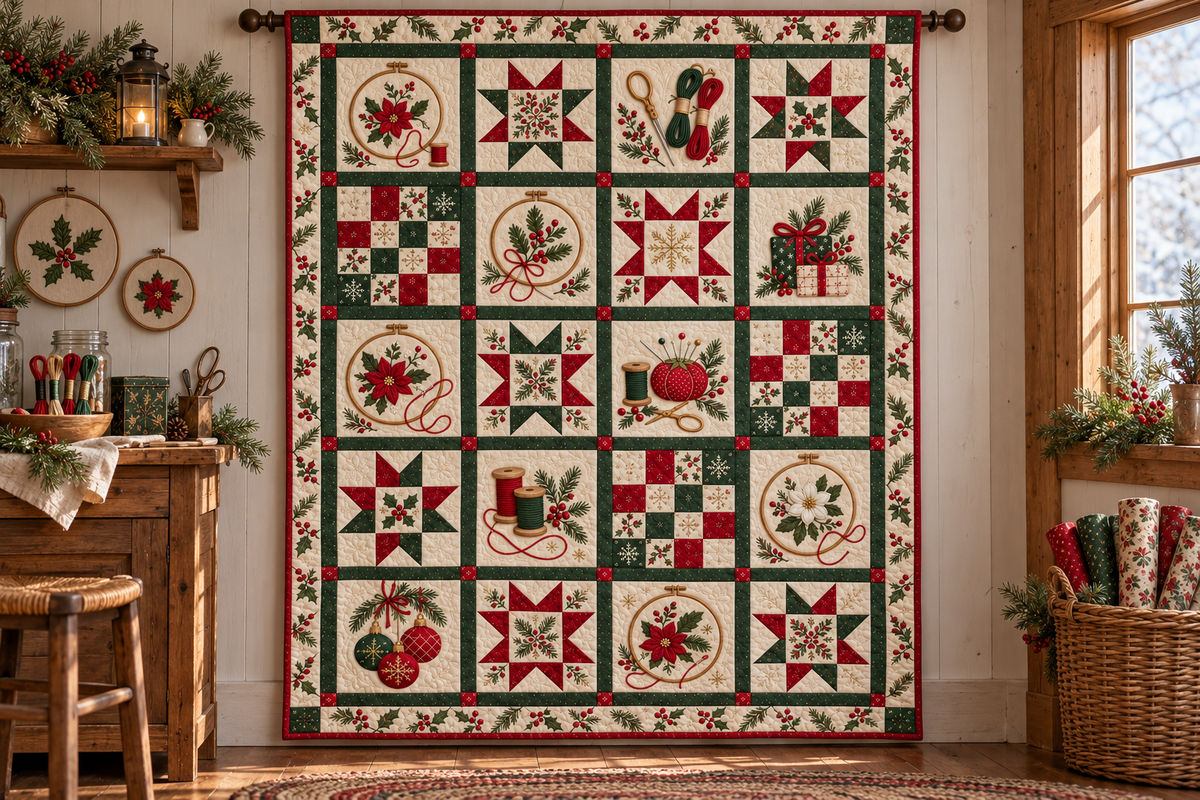 Holly Hoop Christmas Quilt Blanket — hanging mockup