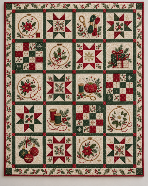 Holly Hoop Christmas Quilt Blanket — main design