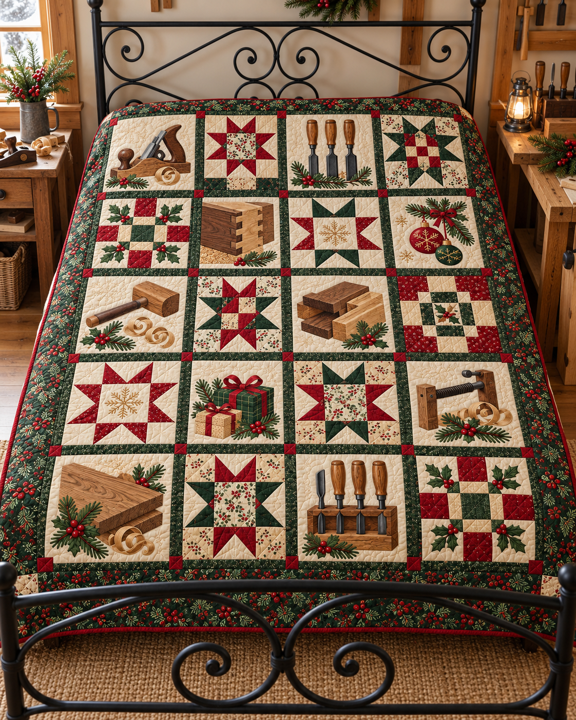 Woodshop Christmas Quilt Blanket — bed mockup