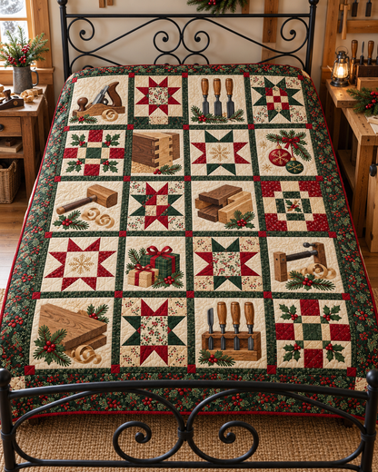 Woodshop Christmas Quilt Blanket — bed mockup