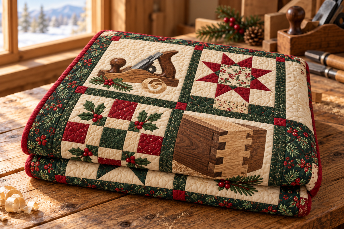Woodshop Christmas Quilt Blanket — folded mockup