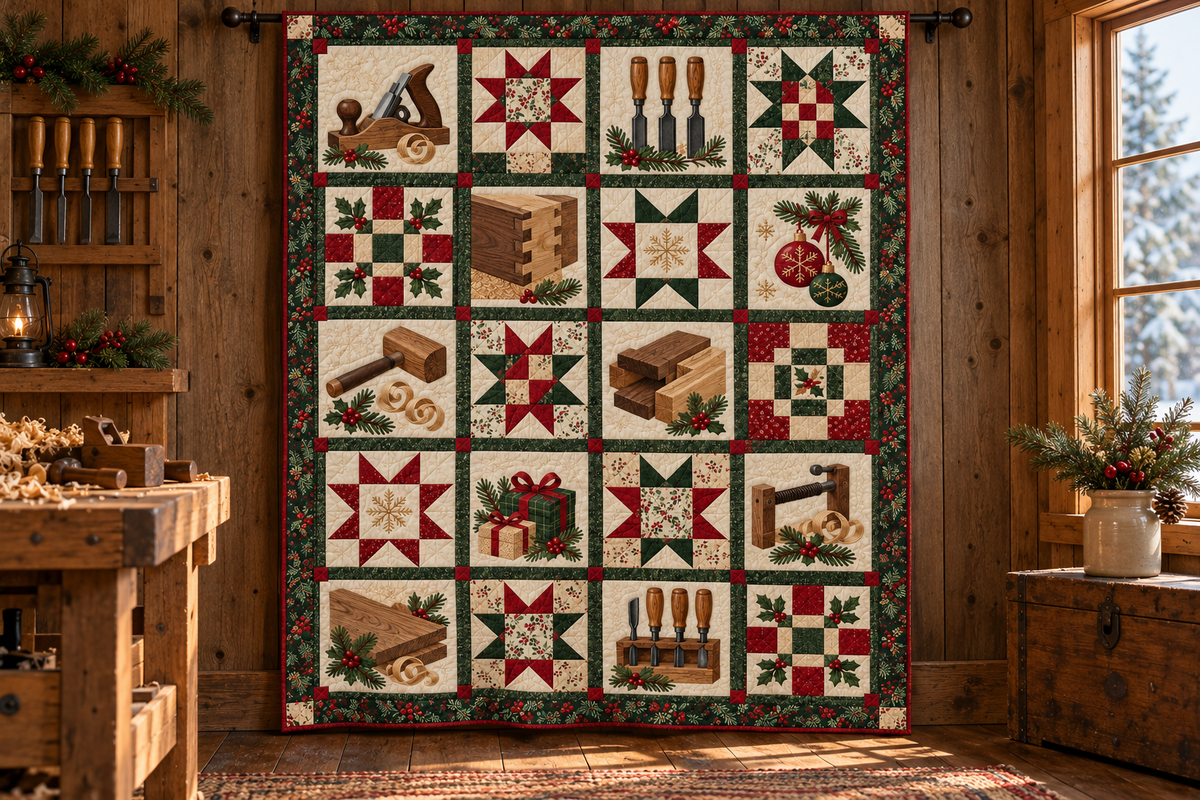Woodshop Christmas Quilt Blanket — hanging mockup