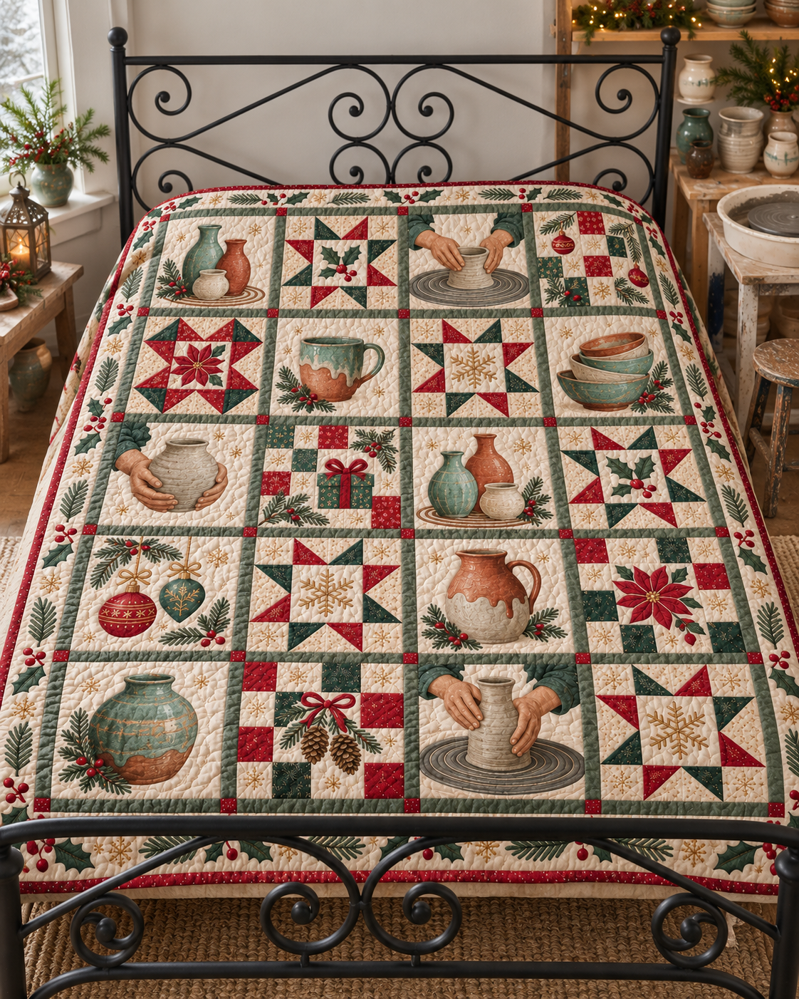 Clay & Christmas Quilt Blanket — bed mockup