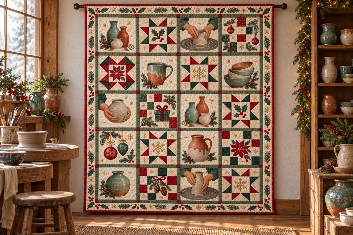 Clay & Christmas Quilt Blanket — hanging mockup
