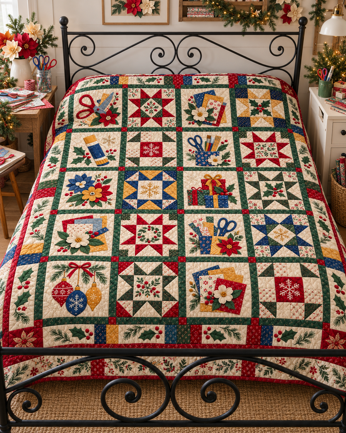 Paper Petals & Presents Quilt Blanket — bed mockup