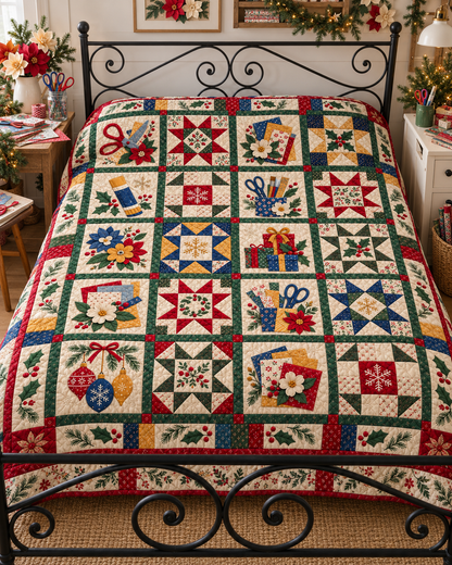 Paper Petals & Presents Quilt Blanket — bed mockup
