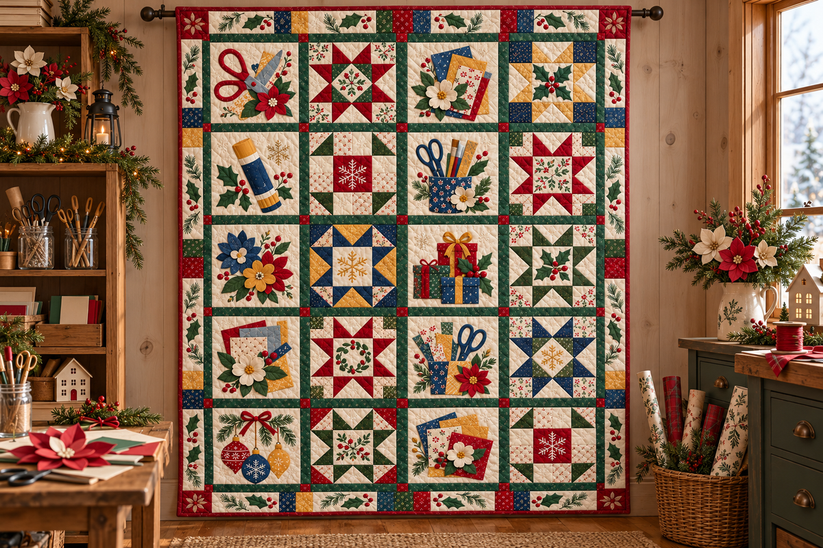 Paper Petals & Presents Quilt Blanket — hanging mockup