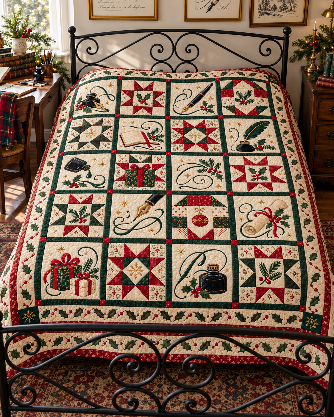 Ink & Evergreen Quilt Blanket — bed mockup
