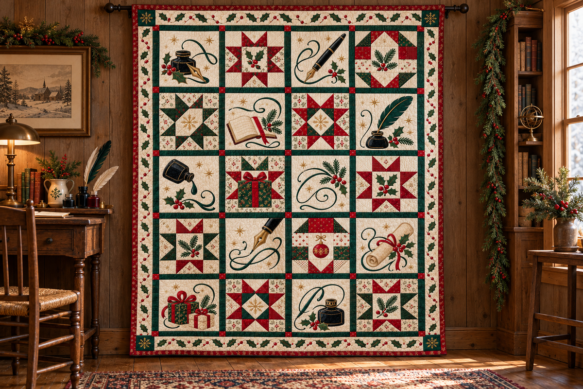 Ink & Evergreen Quilt Blanket — hanging mockup