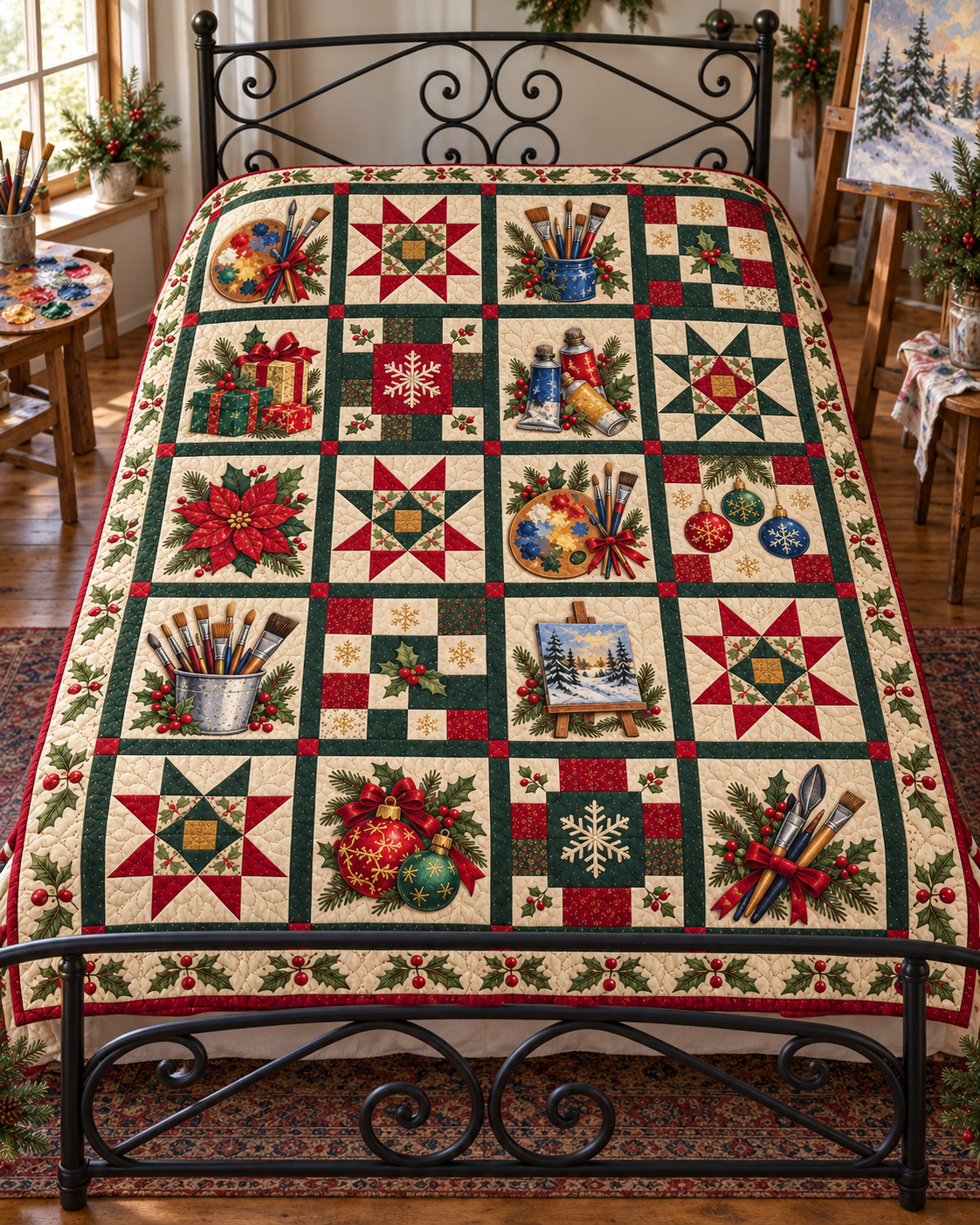 Christmas on the Palette Quilt Blanket — bed mockup