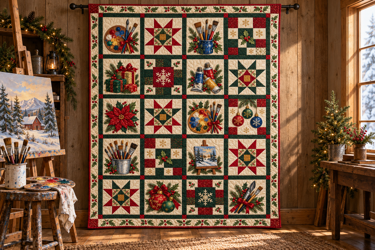 Christmas on the Palette Quilt Blanket — hanging mockup