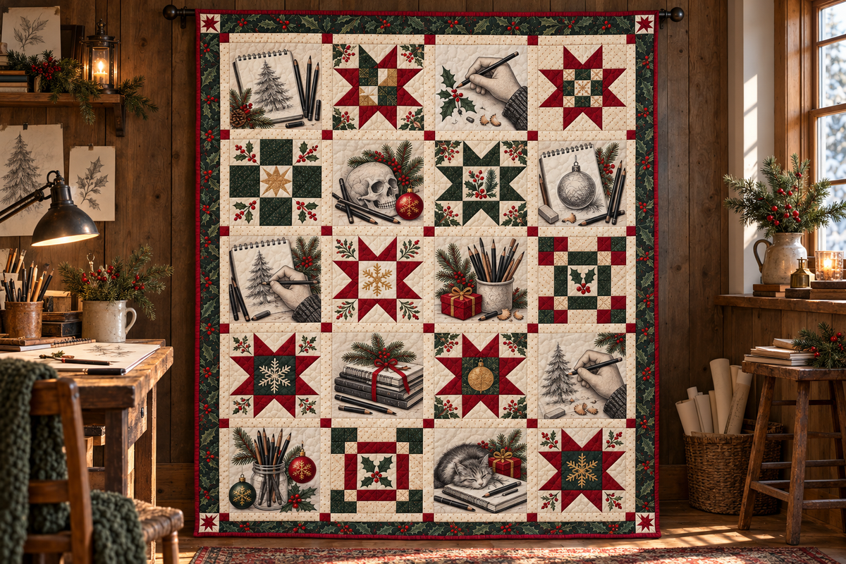 Sketches of Christmas Quilt Blanket — hanging mockup