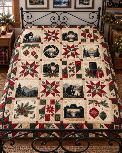 Through the Christmas Lens Quilt Blanket — bed mockup