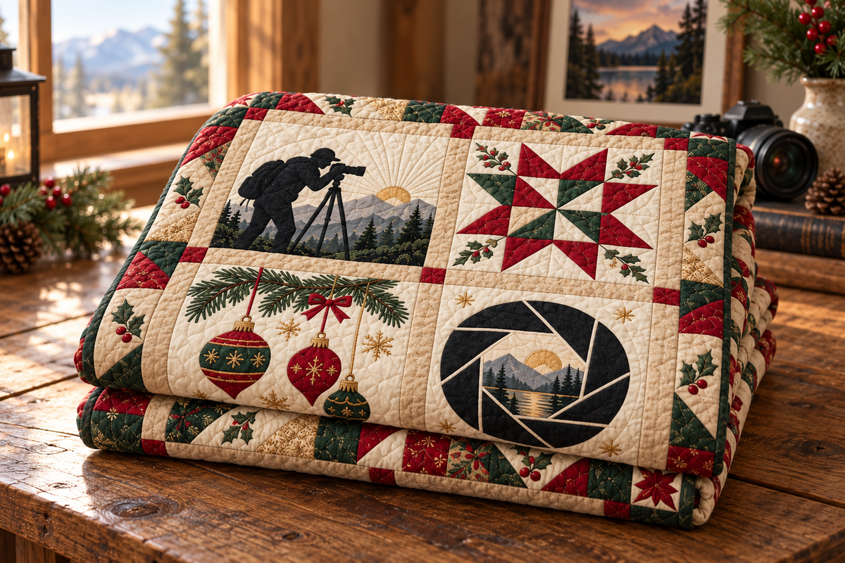 Through the Christmas Lens Quilt Blanket — folded mockup