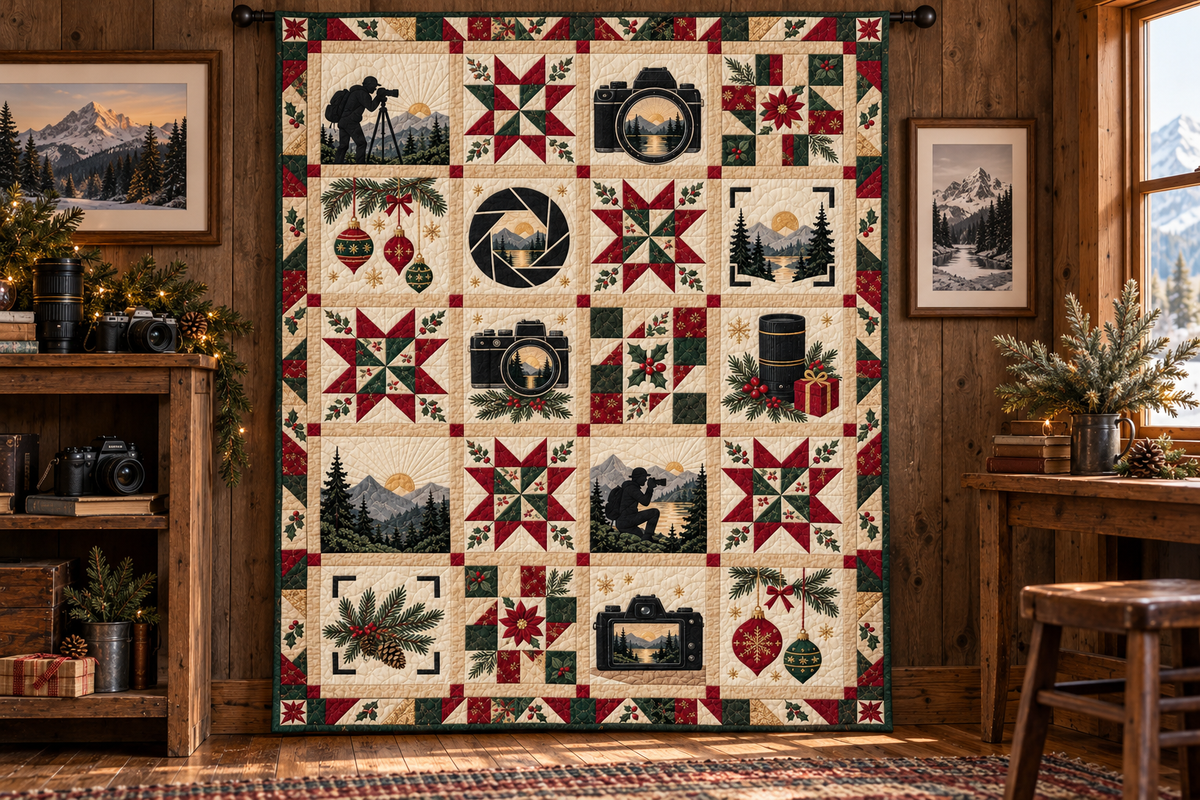 Through the Christmas Lens Quilt Blanket — hanging mockup