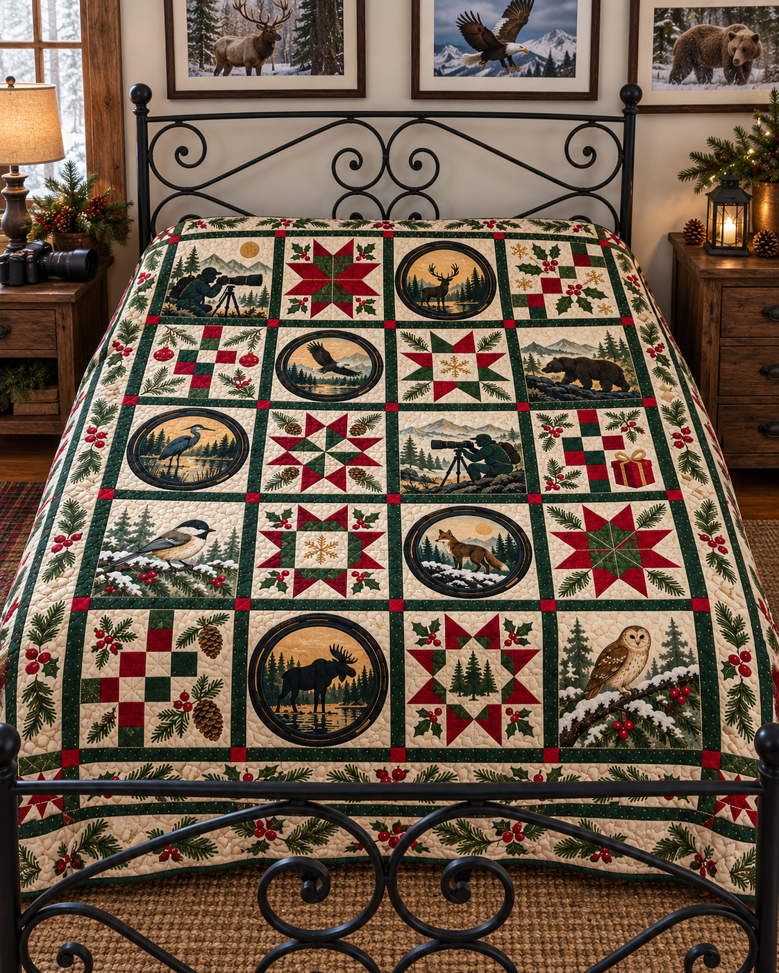 Wild Winter Through the Lens Quilt Blanket — bed mockup
