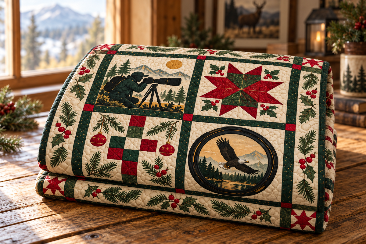 Wild Winter Through the Lens Quilt Blanket — folded mockup