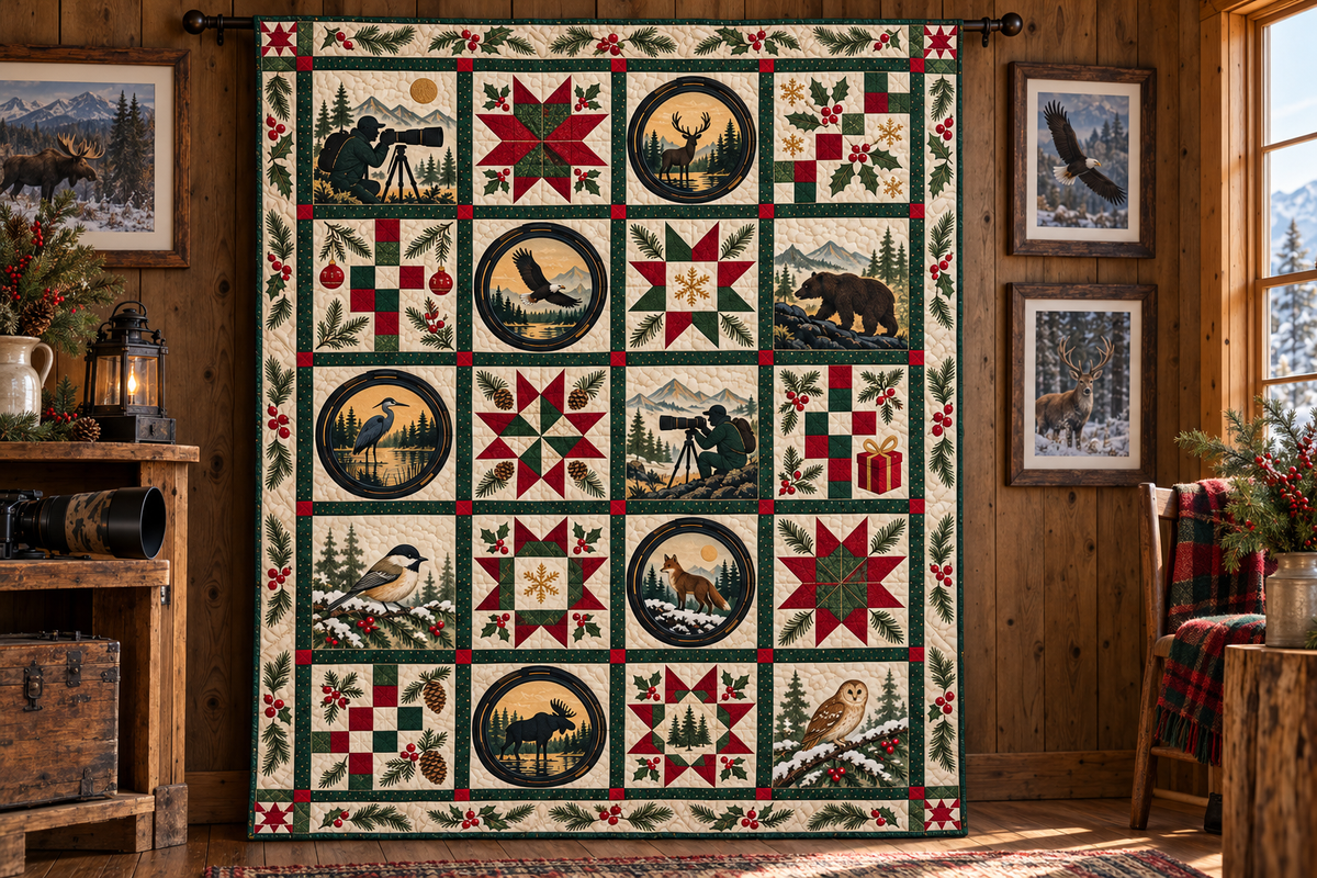 Wild Winter Through the Lens Quilt Blanket — hanging mockup