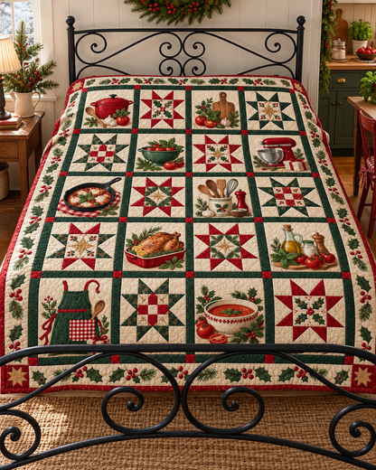 Christmas in the Kitchen Quilt Blanket — bed mockup