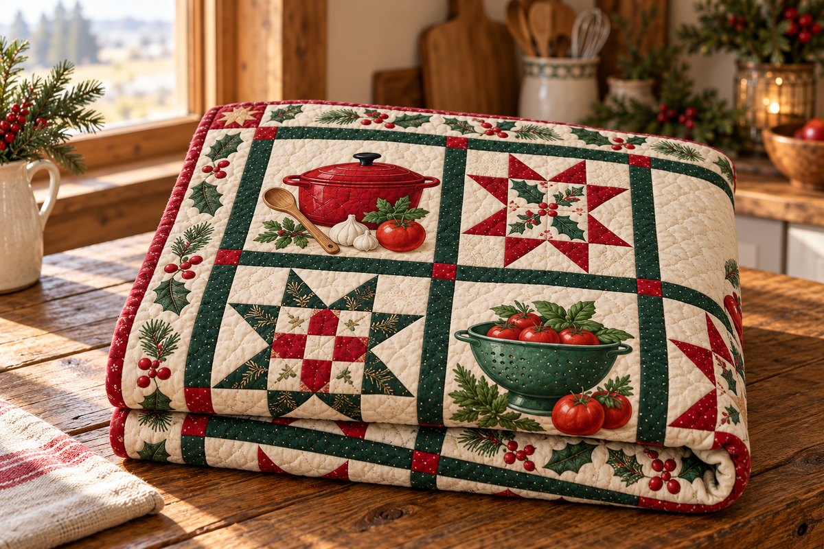 Christmas in the Kitchen Quilt Blanket — folded mockup