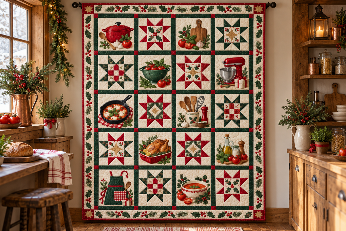 Christmas in the Kitchen Quilt Blanket — hanging mockup