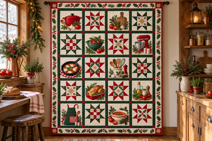 Christmas in the Kitchen Quilt Blanket — hanging mockup
