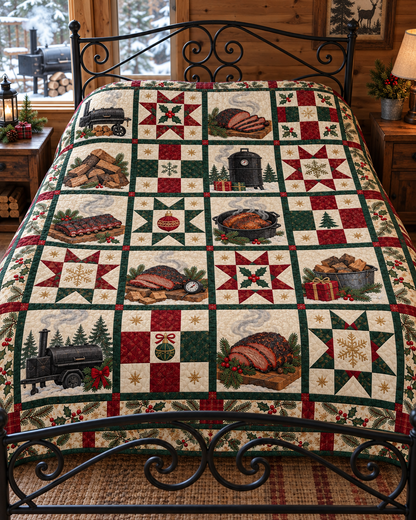 Slow Smoke Christmas Quilt Blanket — bed mockup