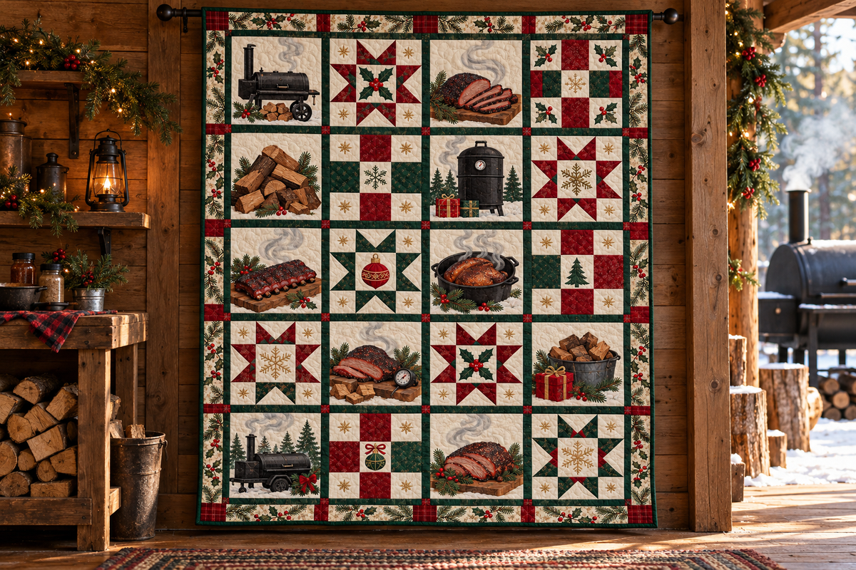 Slow Smoke Christmas Quilt Blanket — hanging mockup