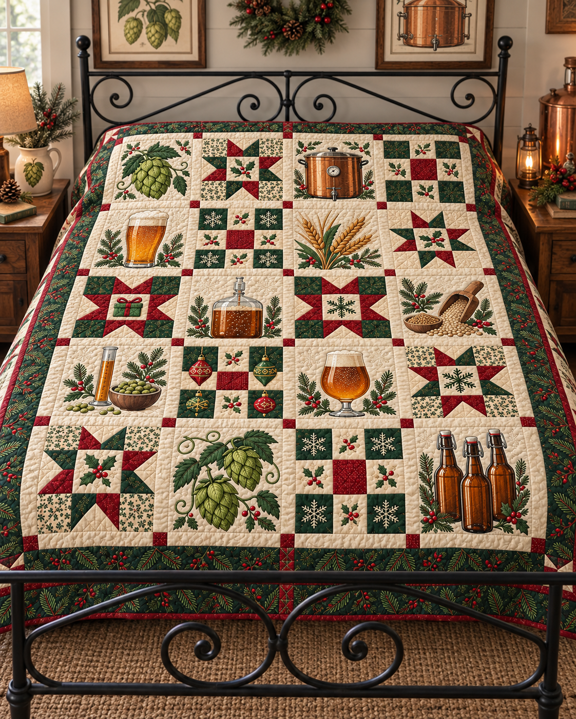 Hops & Holiday Cheer Quilt Blanket — bed mockup