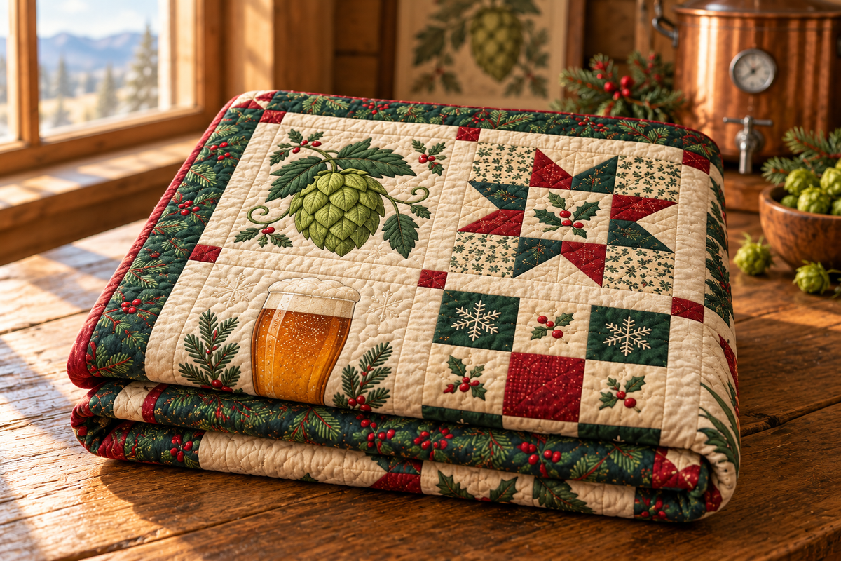 Hops & Holiday Cheer Quilt Blanket — folded mockup