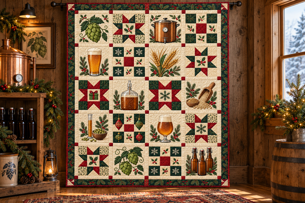 Hops & Holiday Cheer Quilt Blanket — hanging mockup
