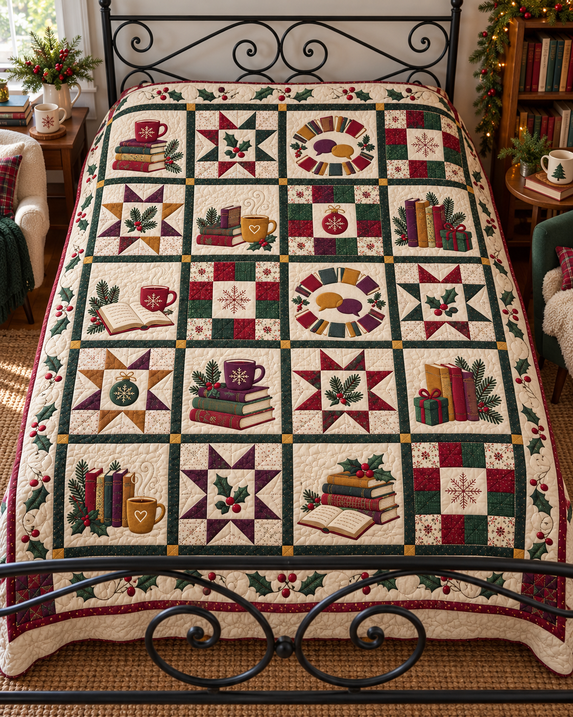 Christmas Book Circle Quilt Blanket — bed mockup