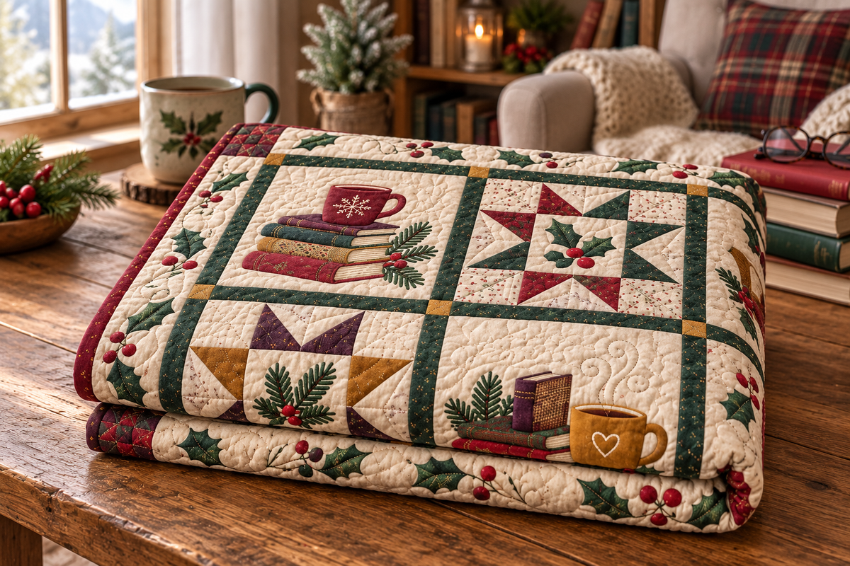Christmas Book Circle Quilt Blanket — folded mockup