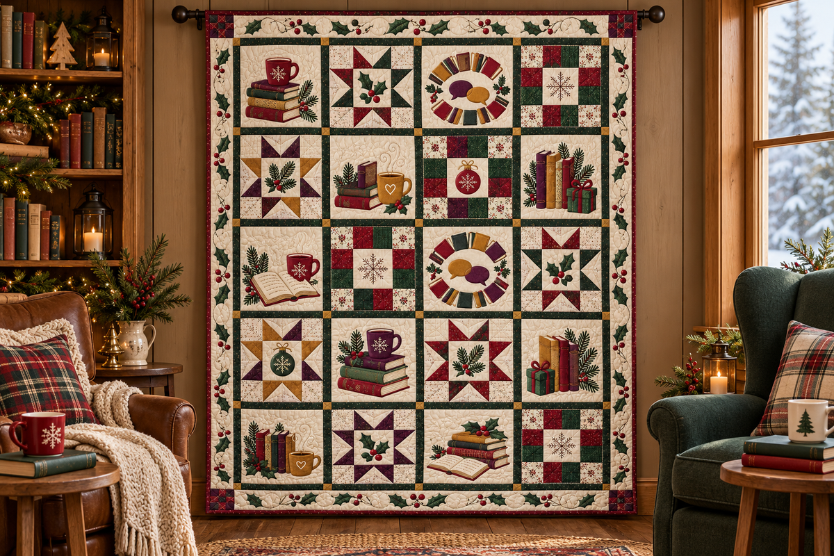 Christmas Book Circle Quilt Blanket — hanging mockup