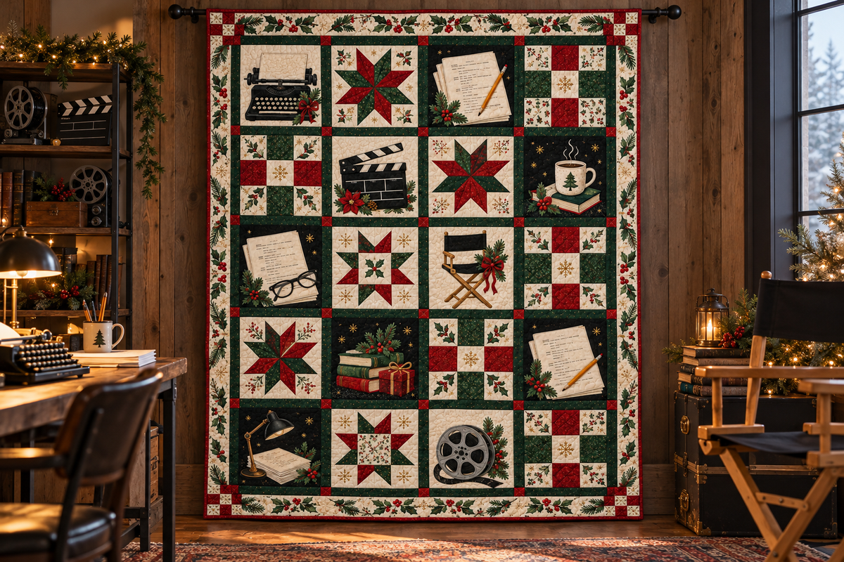 A Christmas Story in the Making Quilt Blanket — hanging mockup