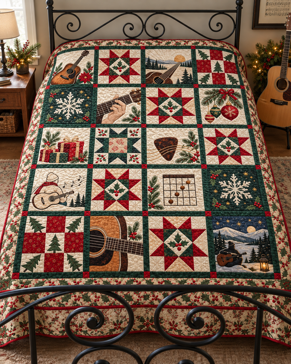 Six Strings of Christmas Quilt Blanket — bed mockup