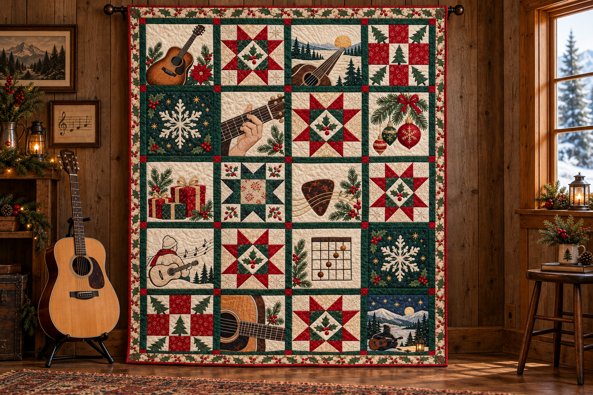 Six Strings of Christmas Quilt Blanket — hanging mockup