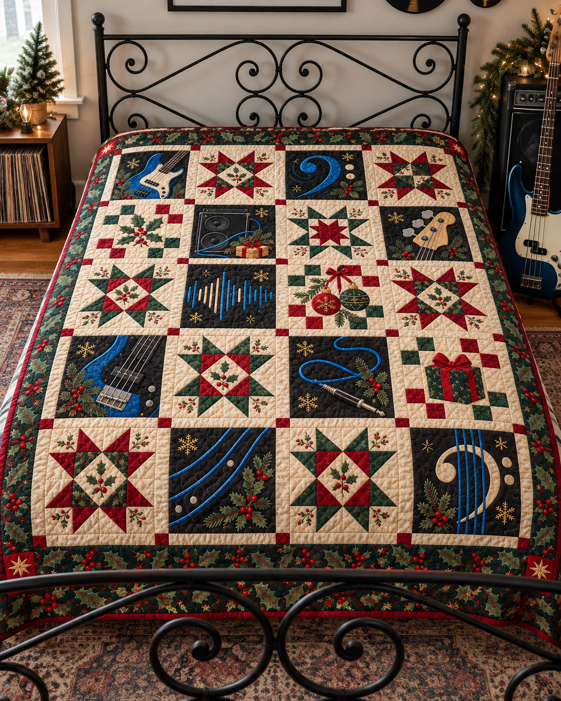 Christmas in the Low Notes Quilt Blanket — bed mockup