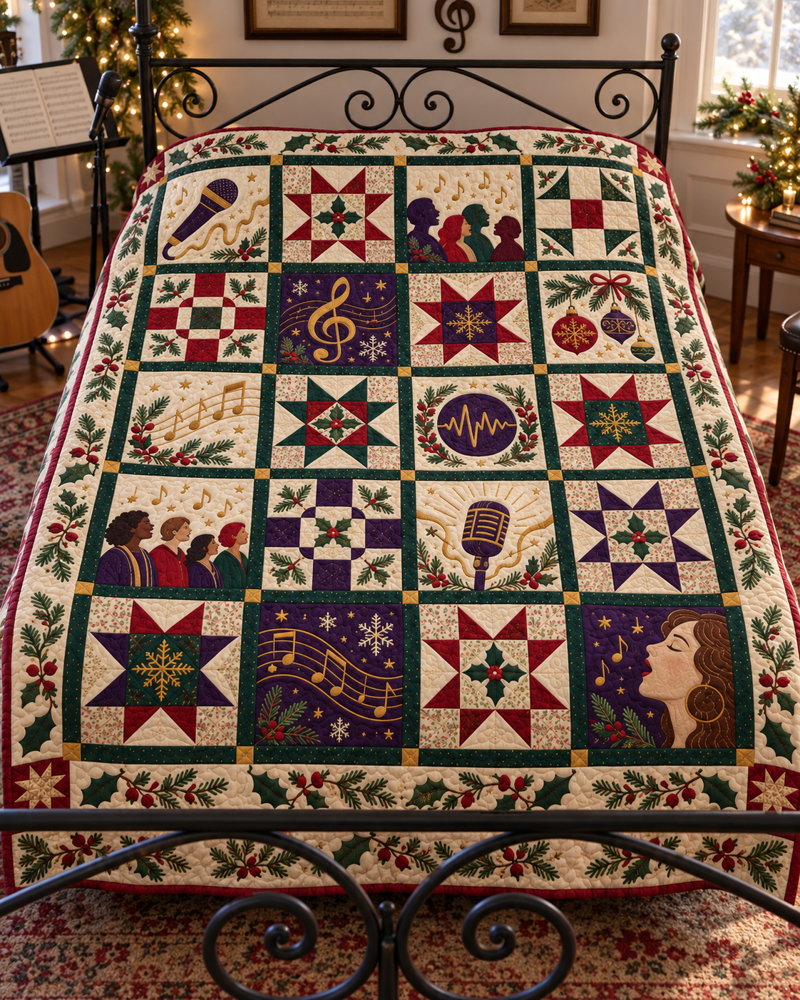 Voices of Christmas Quilt Blanket — bed mockup