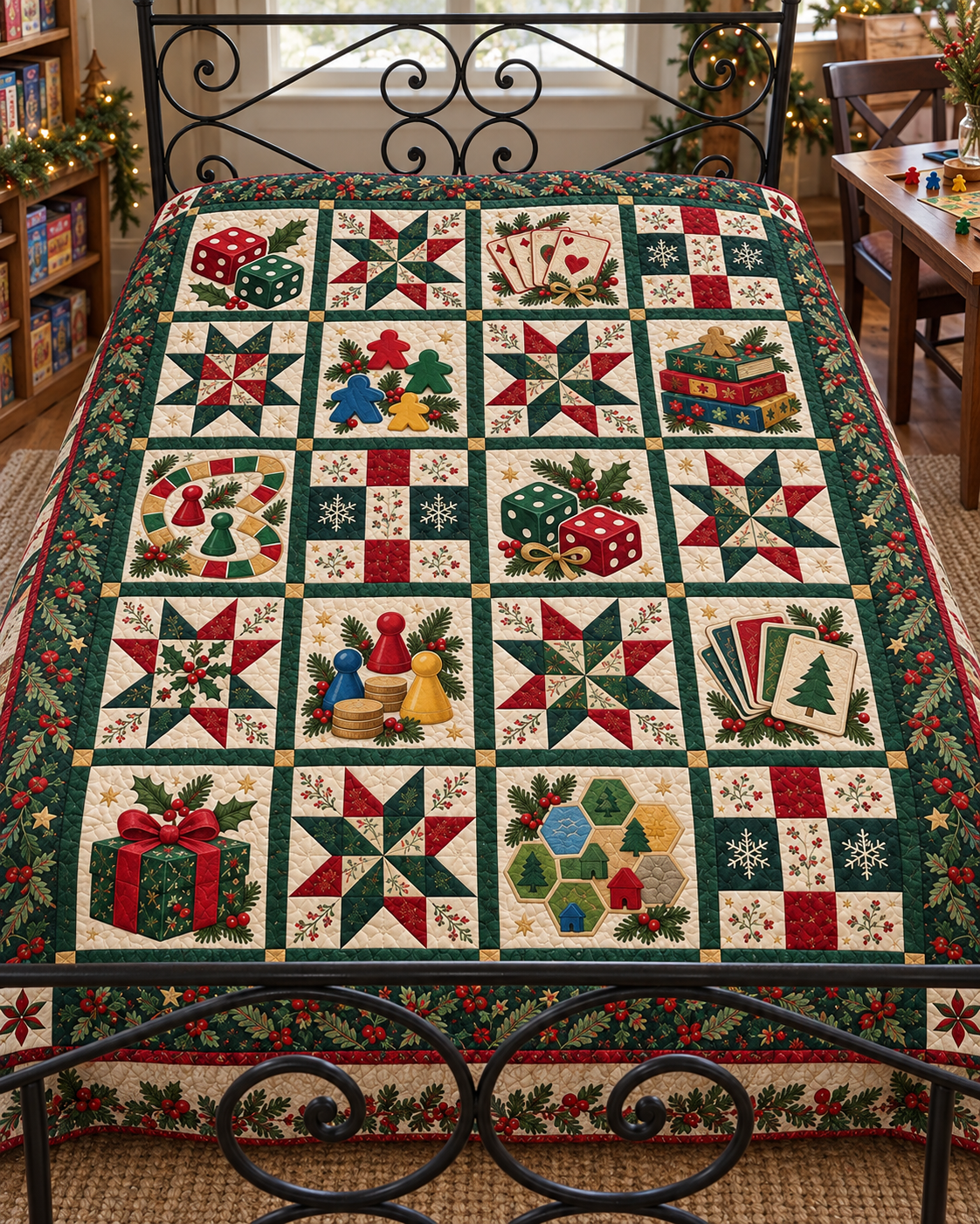 Christmas Game Night Quilt Blanket — bed mockup