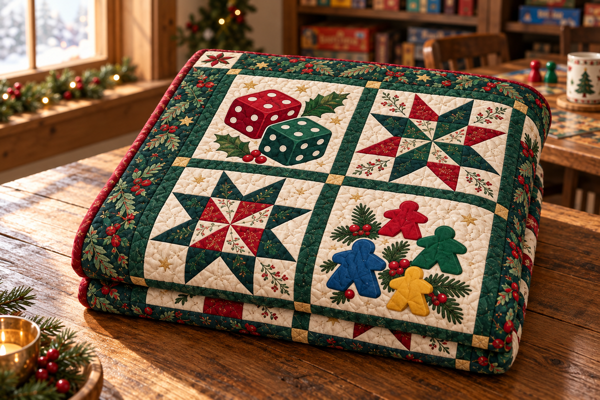 Christmas Game Night Quilt Blanket — folded mockup