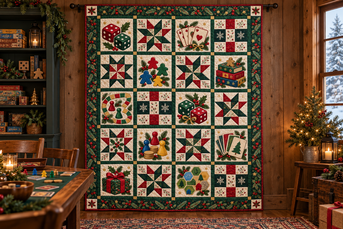Christmas Game Night Quilt Blanket — hanging mockup
