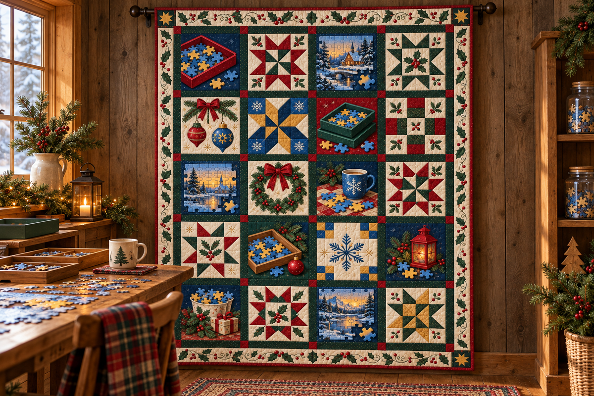 Pieces of Christmas Quilt Blanket — hanging mockup