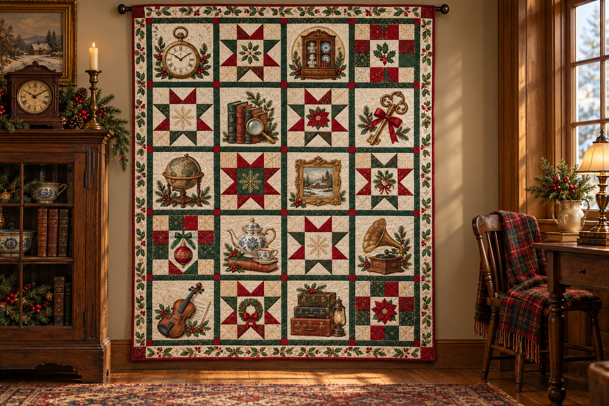 Treasures of Christmas Past Quilt Blanket — hanging mockup