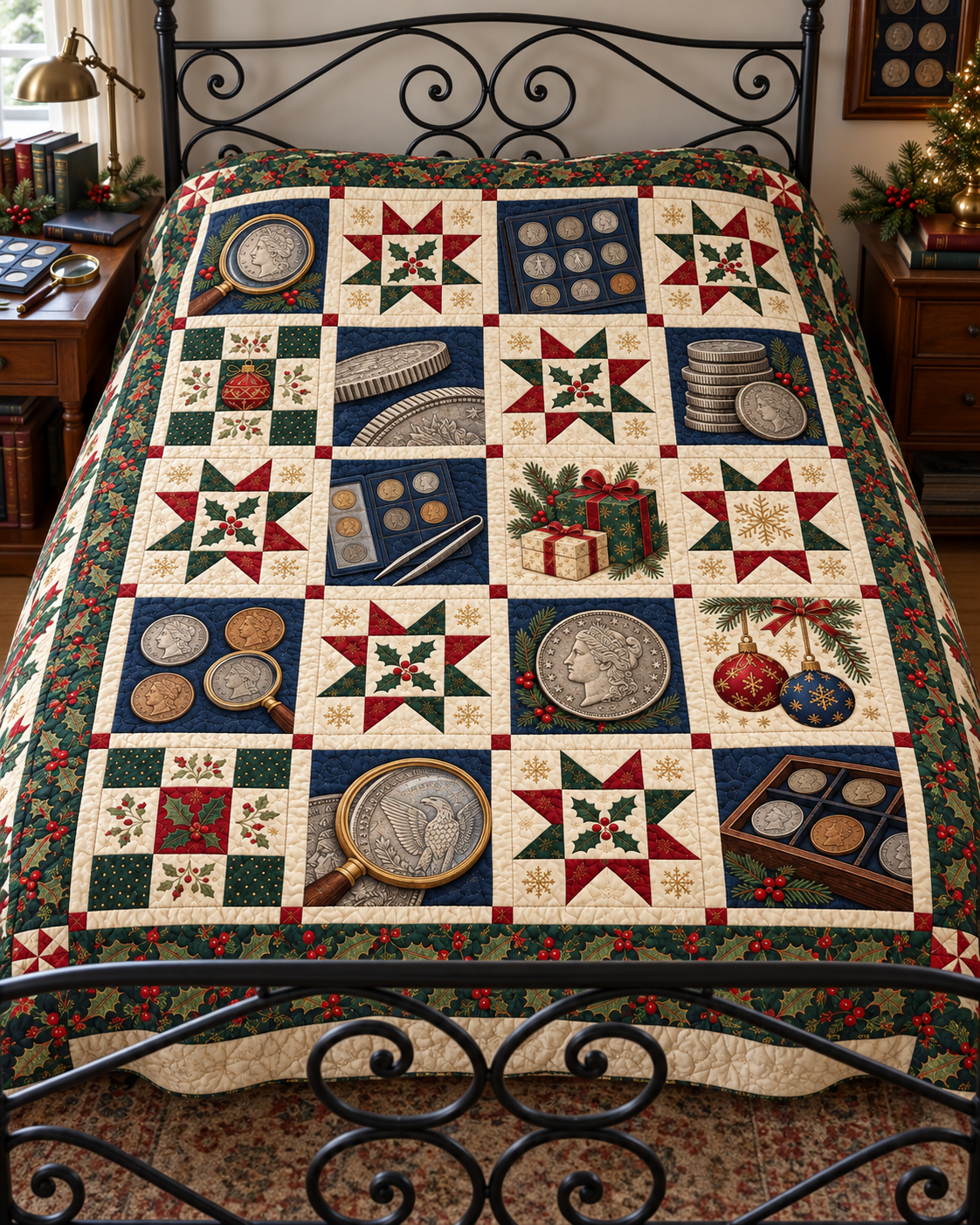 Christmas Coin Cabinet Quilt Blanket — bed mockup