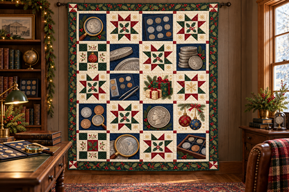 Christmas Coin Cabinet Quilt Blanket — hanging mockup