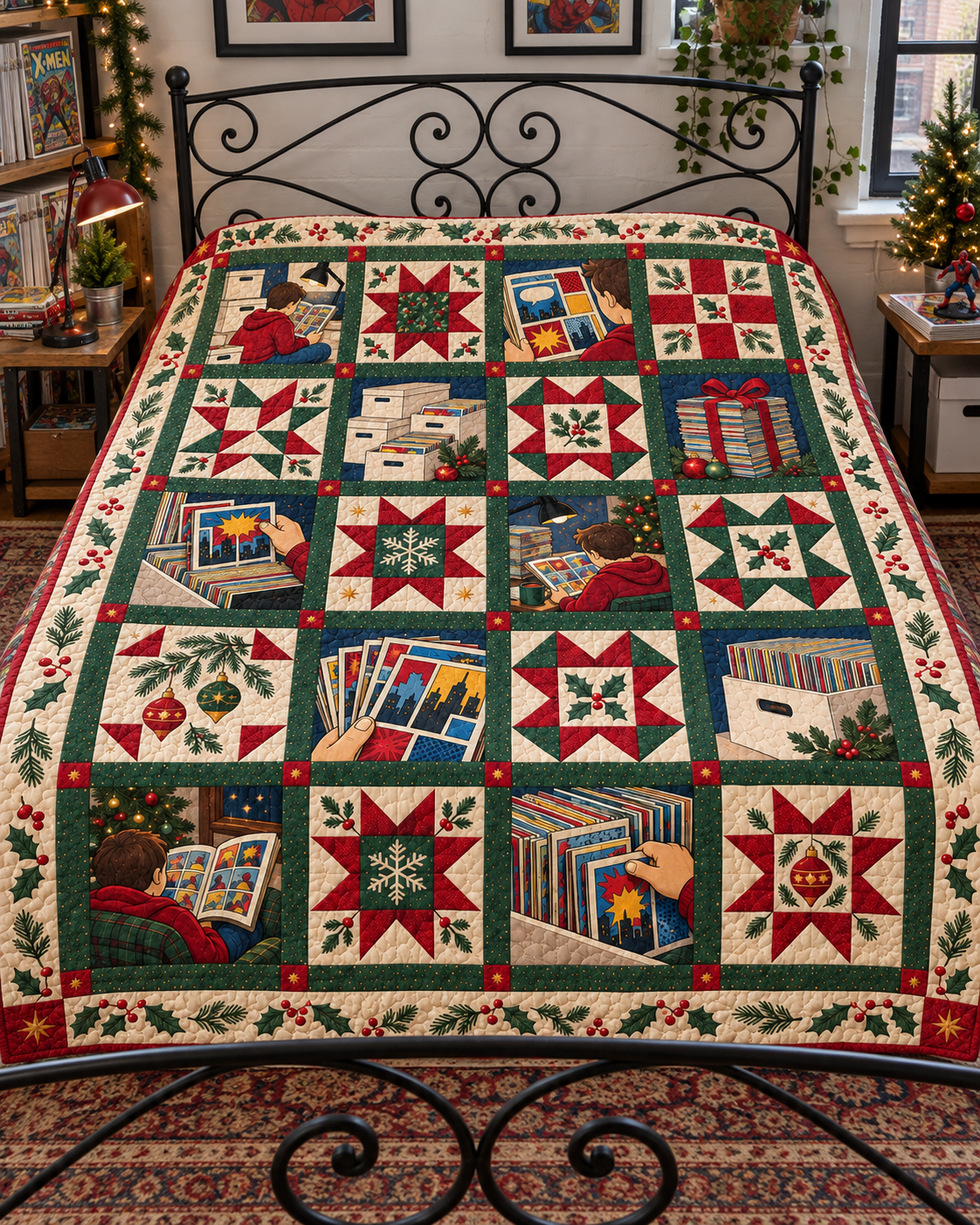 Christmas in Comic Panels Quilt Blanket — bed mockup
