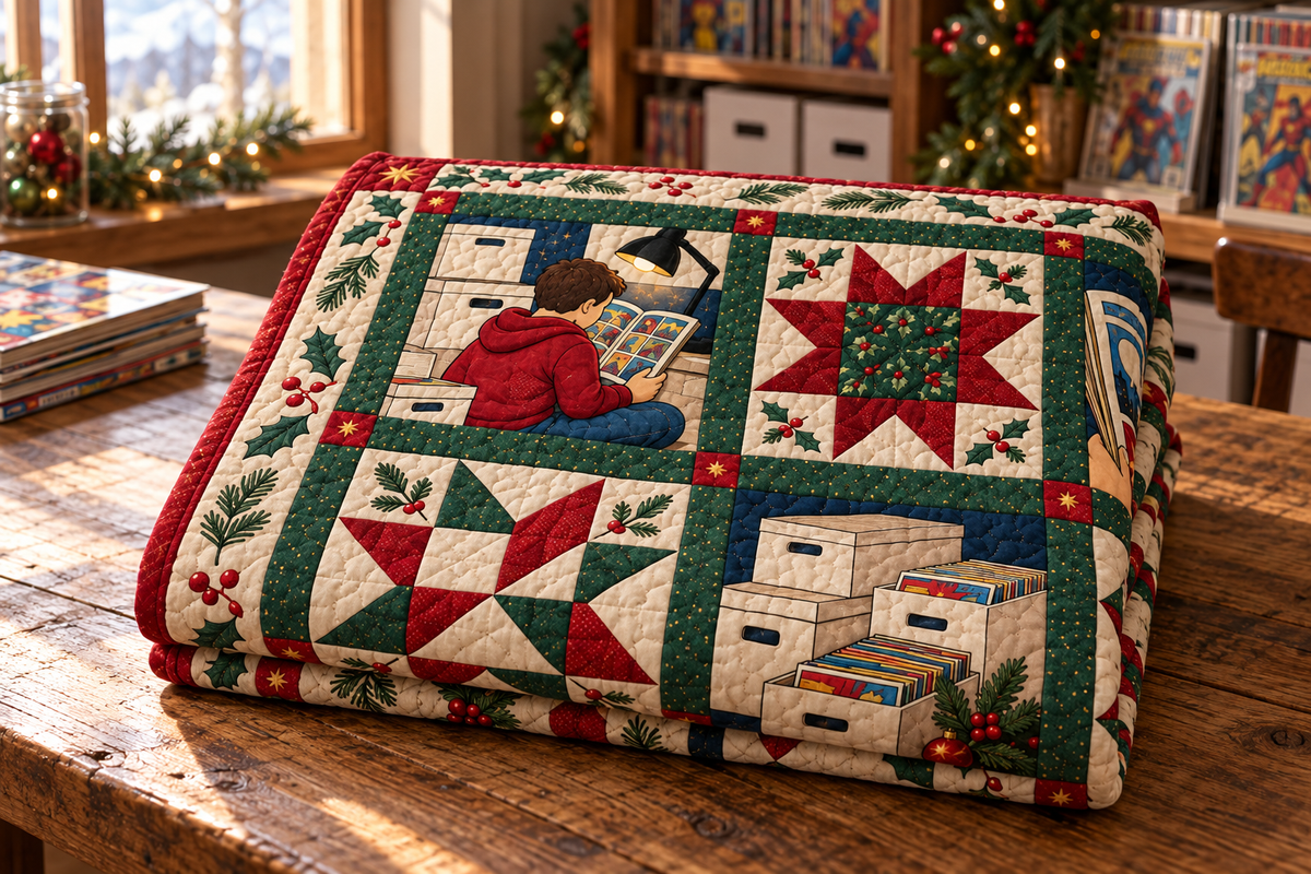 Christmas in Comic Panels Quilt Blanket — folded mockup