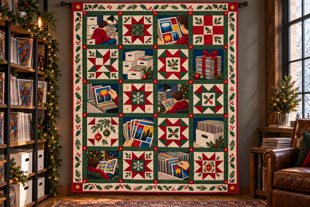 Christmas in Comic Panels Quilt Blanket — hanging mockup
