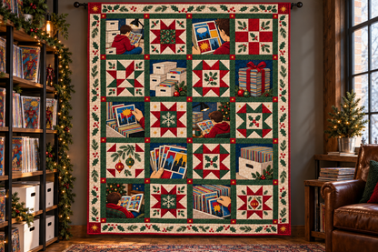 Christmas in Comic Panels Quilt Blanket — hanging mockup